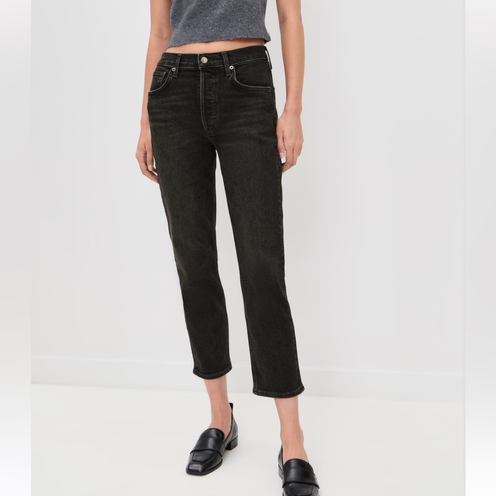Agolde Jet Black Denim Pants Riley crop size 26 straight leg high rise jeans